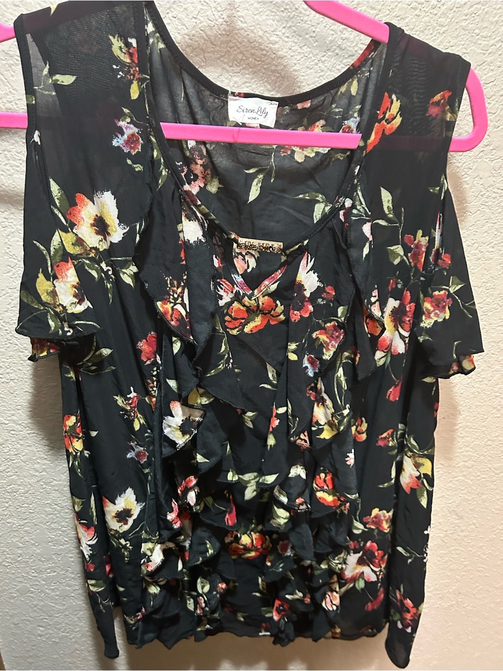 Siren Lily Black Floral Ruffle Cold-Shoulder Blouse